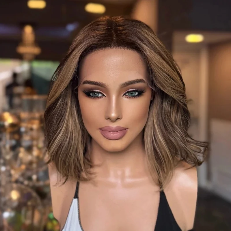 Short Wave Bob Ombre Brown Blonde Synthetic HD Lace Front Wig Premium Fibre Ladies Wig Preplucked Hairline Party Daily Cosplay