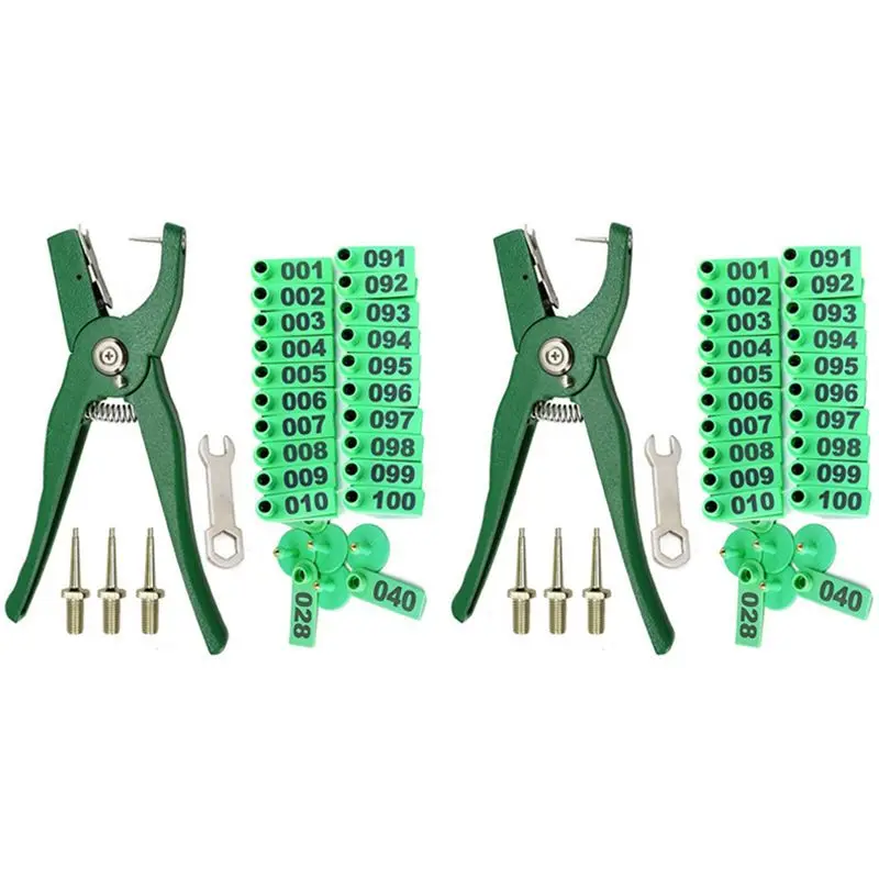 KYCOR-2X Livestock Animal Ear Tag Pliers, With Number 001-100 Ear Tags And 6 Pins, For Installing Cattle Sheep Pigs Ear Tags