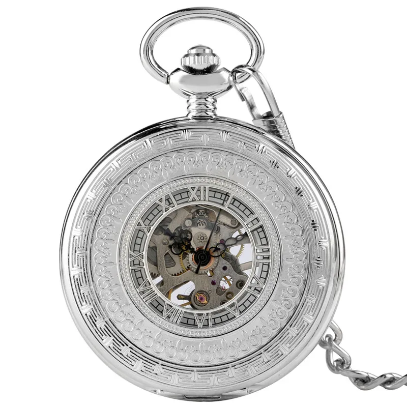 Silver Half Hunter Unisex Hand Winding Mechanical Pocket Watch Roman Numerals Display Pendant Chain Skeleton Clock Gifts