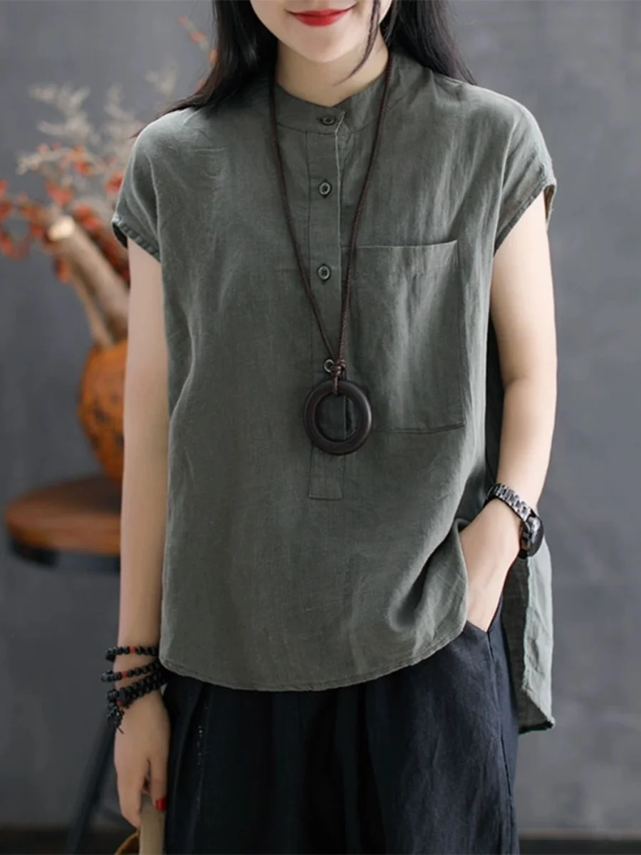 Chaleco Holgado de Lino y Algodón para Mujer, Estilo Coreano, Cuello Alto, Nuevo para Verano, Informal, para el Trabajo