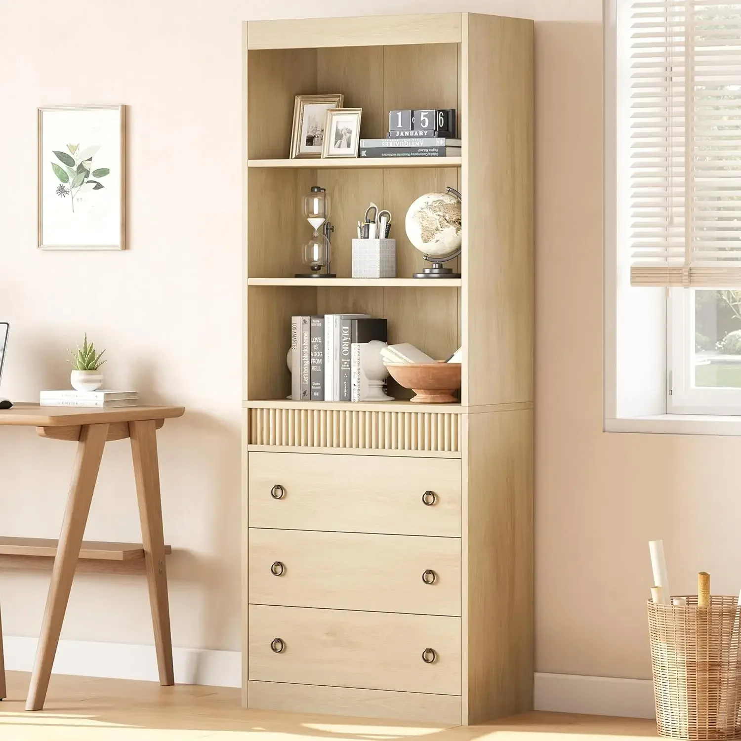 Tall White Fluted Wooden Bookcase Six Tier Book Shelf With Drawers Wide Storage Cabinet For Living Room Office Bedroom Nature