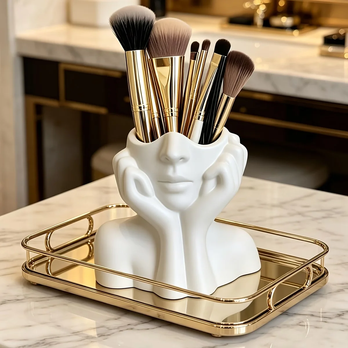 3D‑Printed Face Bust Pen Holder, Plastic Creative Hand‑on‑Cheek Human Head Vase Modern Desktop Makeup Brush Organizer Decor