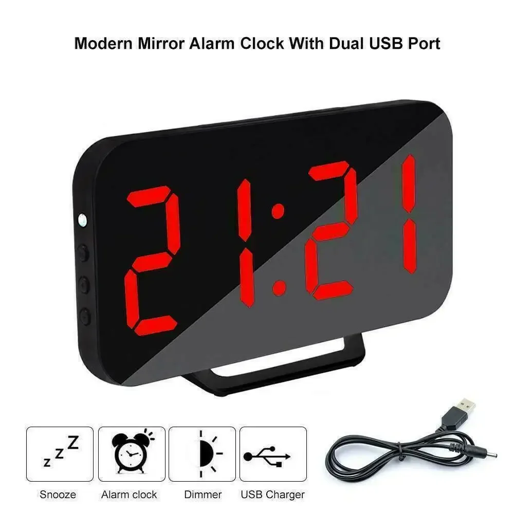 Mirror LED Alarm Clock Night Light Digital Clock Thermometer USB Charging Table Wake Up Electronic Large Time Display Clock