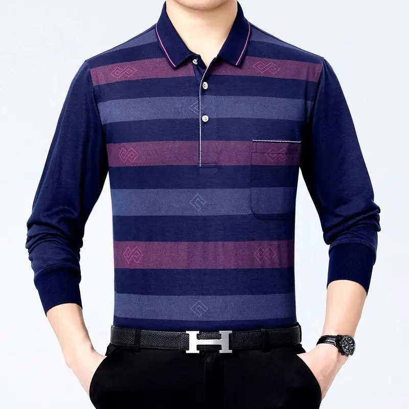 Middle-aged Men's Clothing Spring Long Sleeve New Lapel Thin Striped Printed Spliced Pockets Loose Causal Fashion Polo Shirt