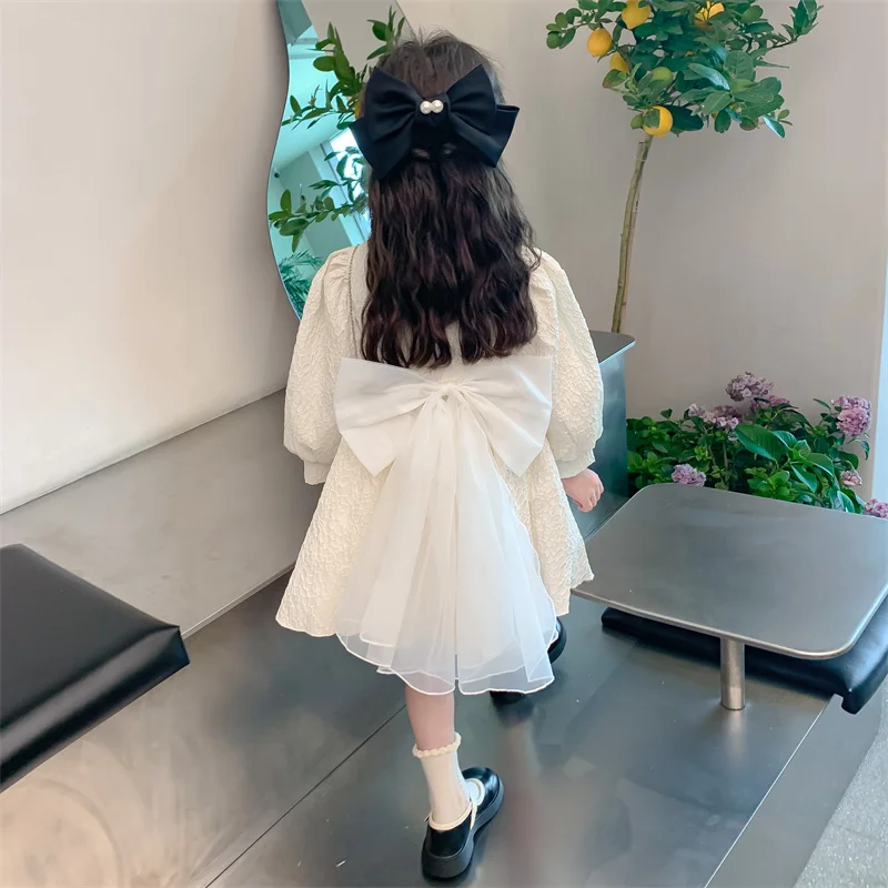 Spring Fall 2024 Children's Sweet style Bow Pearl Princess Dress Dresses for parties and weddings for kids ages  2-8 Years Kids