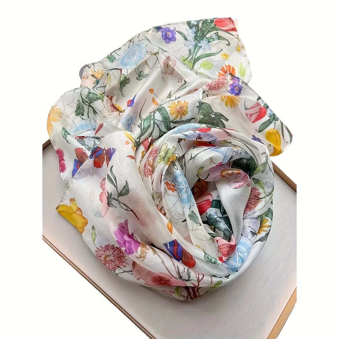 

Women's Premium Mulberry Silk Scarf Shawl Elegant Garden Floral Print for Outdoor Fashion, Versatile Accessory Gift