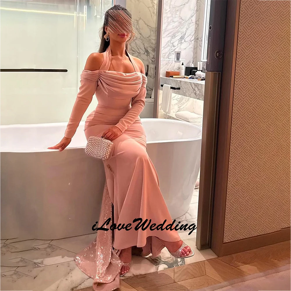 Elegant Pink Mermaid Halter Prom Party Dress Off Shoulder Long Sleeve Gillter Train Middle East Evening Occasion Gown customsize