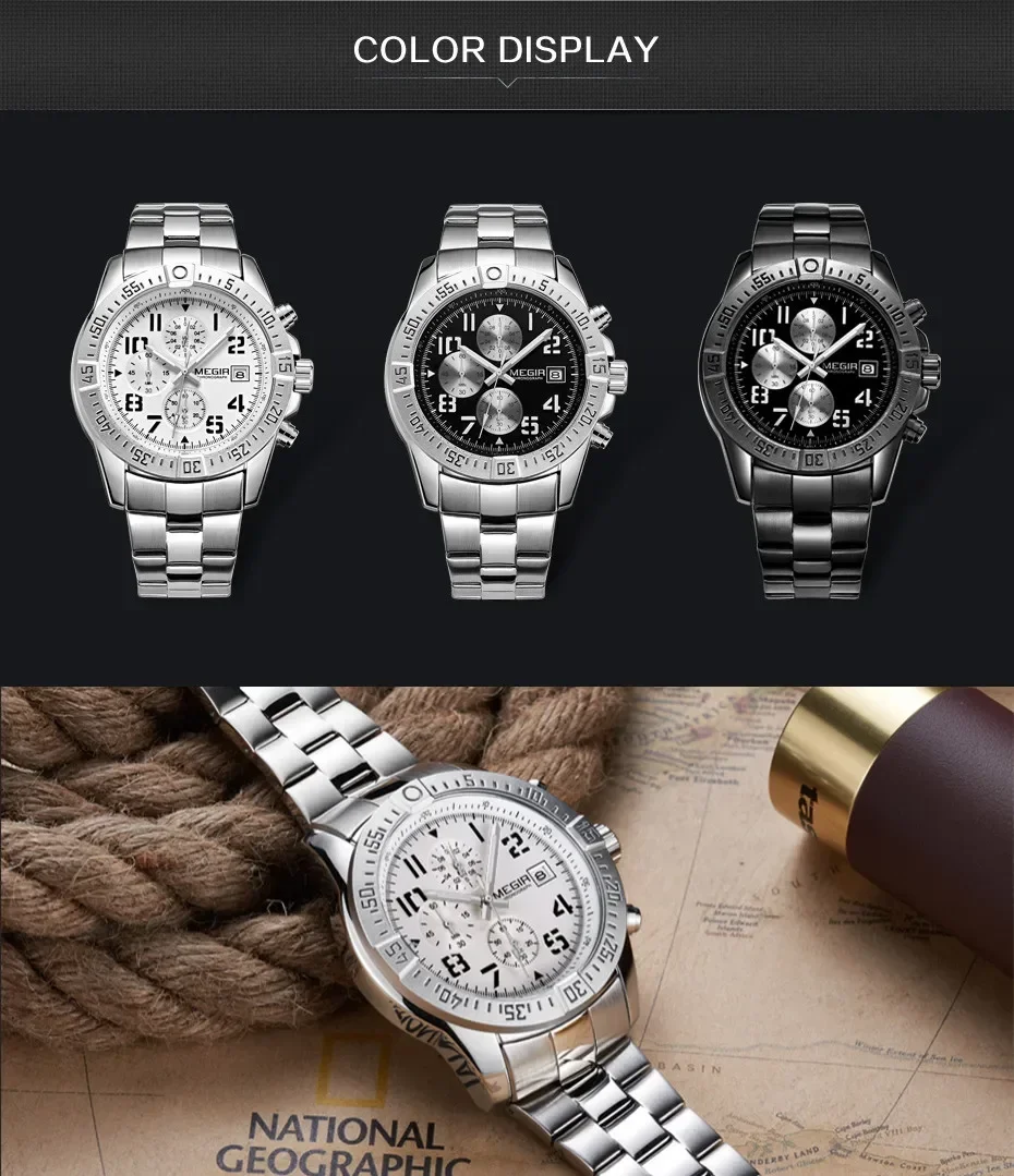 MEGIR-Montre d'affaires à quartz pour hommes, marque de luxe, décontractée, étanche, date, horloge, acier inoxydable, chronographe, livraison gratuite