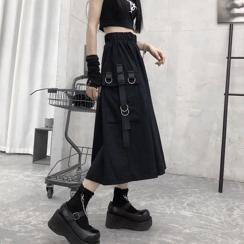 High Waist Cargo Skirts Woman Harajuku 2023 Loose A-line Pocket Midi Long Black Skirt Hip Hop Fashion Streetwear OverSize