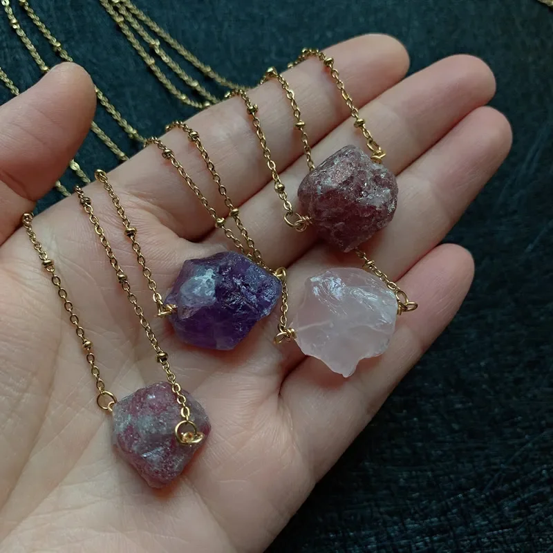 Reiki Healing Stone Raw Rock Mineral Crystal Necklaces Natural Amethysts Lapis Tourmaline Fluorite Pink Quartz Pendant Necklaces