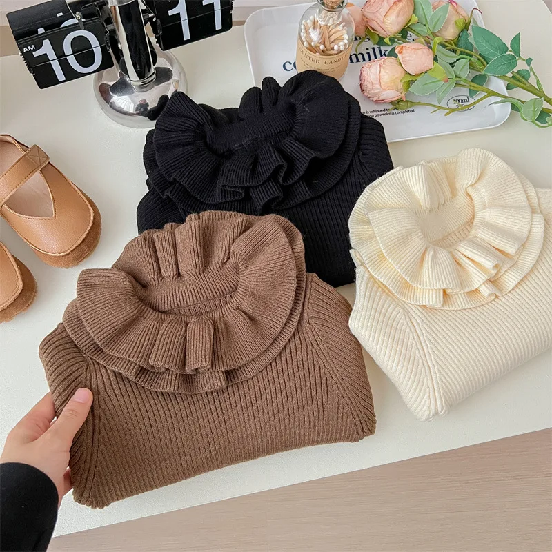 Petal Collar Sweater for Girls Korean Kids Autumn Winter Thicked Warm Knitted Pullover Slim Long Sleeve Bottoming Tops