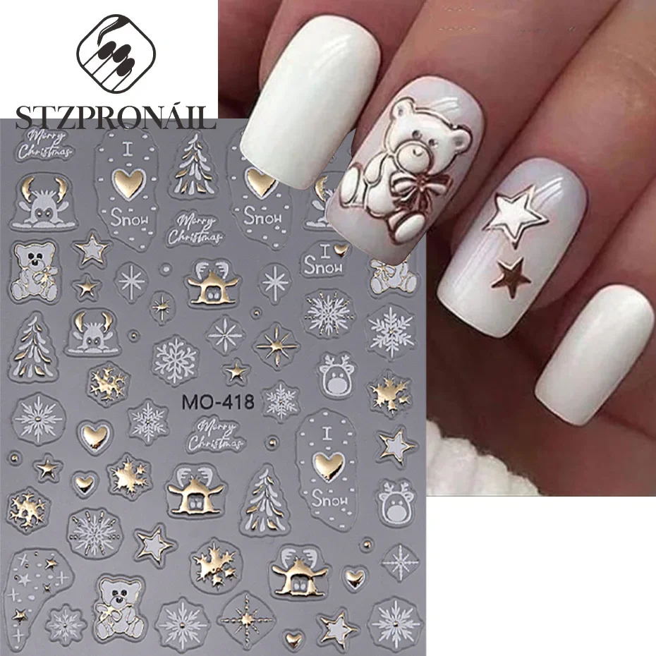 Pegatinas navideñas para uñas, 5D, dorado, blanco, alce, copo de nieve, muñeco de nieve, lazo, estrella, árbol, DIY, calcomanía navideña de invierno, deslizador, decoración artística para manicura