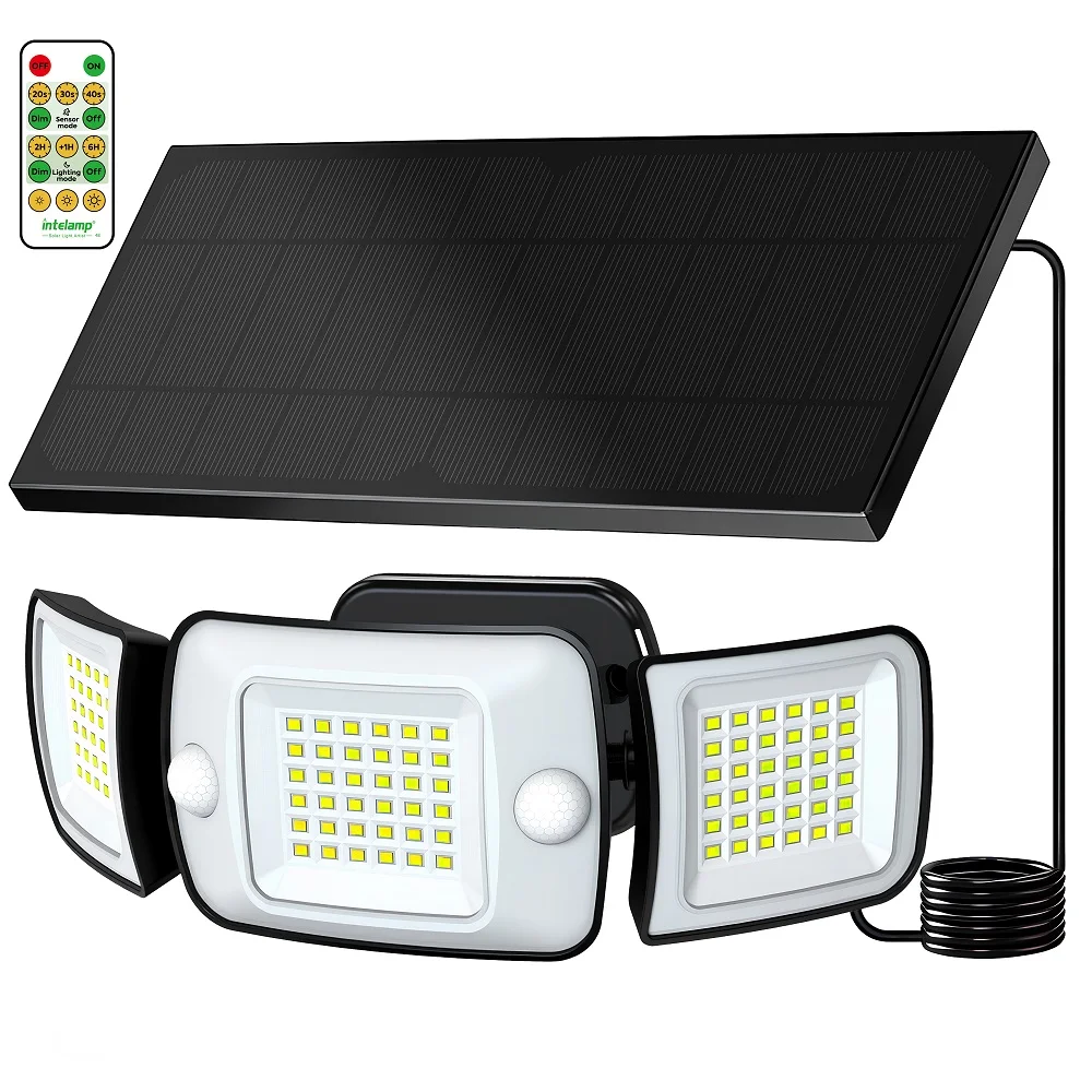 Lampes solaires d'extérieur Intelamp à longue durée de vie de la batterie 6000 mAh avec grand panneau solaire et deux capteurs de mouvement pour jardin, cour, allée, garage