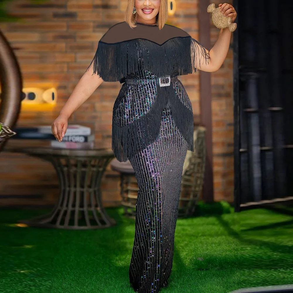 

Fashion Women Elegant Short Sleeves Mesh Tassel Sequins Maxi Long Dress Party Gowns