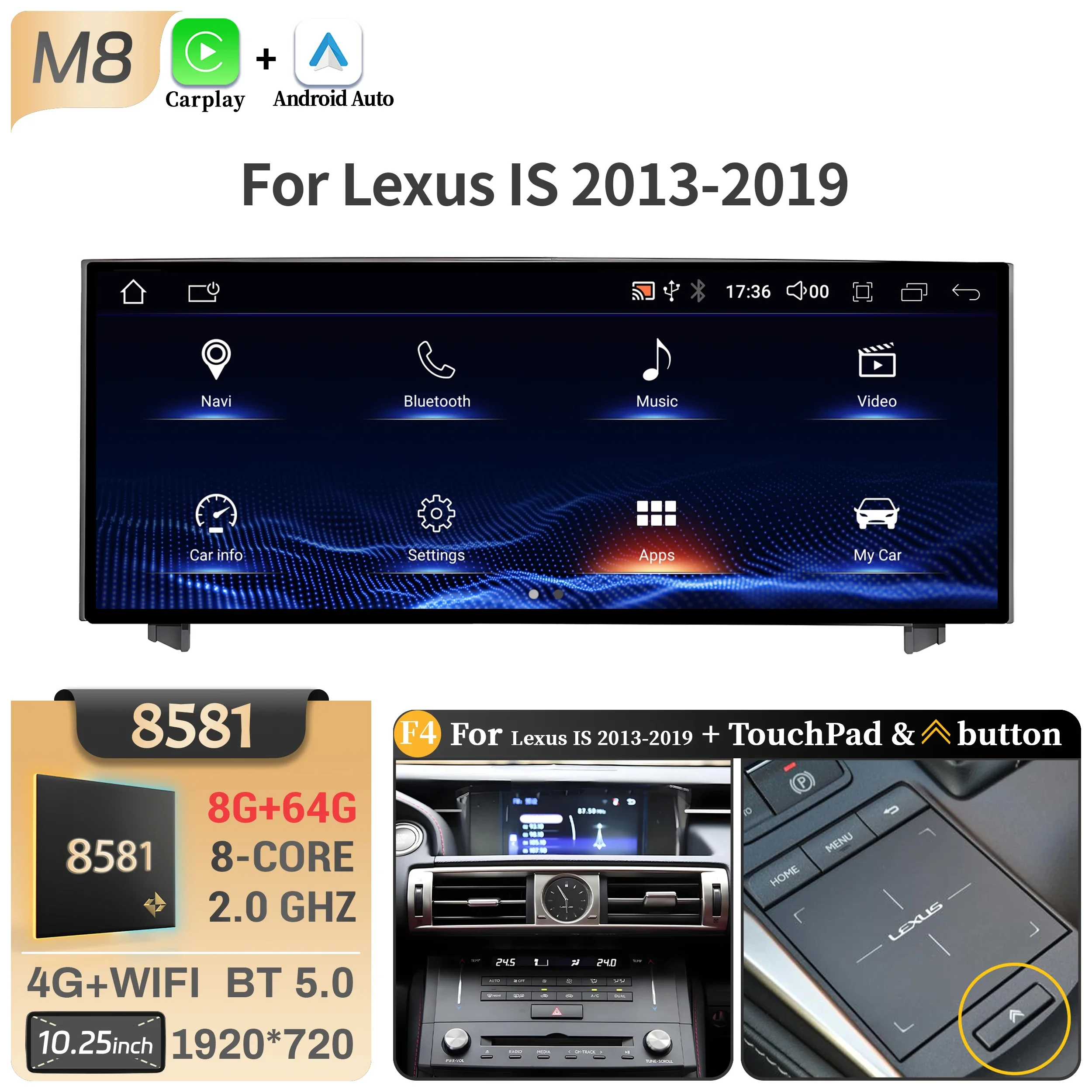 10.25"Android 14 For Lexus IS RC 200 250 300 350 200t 300h 2013-2019 Car Radio Multimedia CarPlay Snapdragon 668S Touch Screen image 3