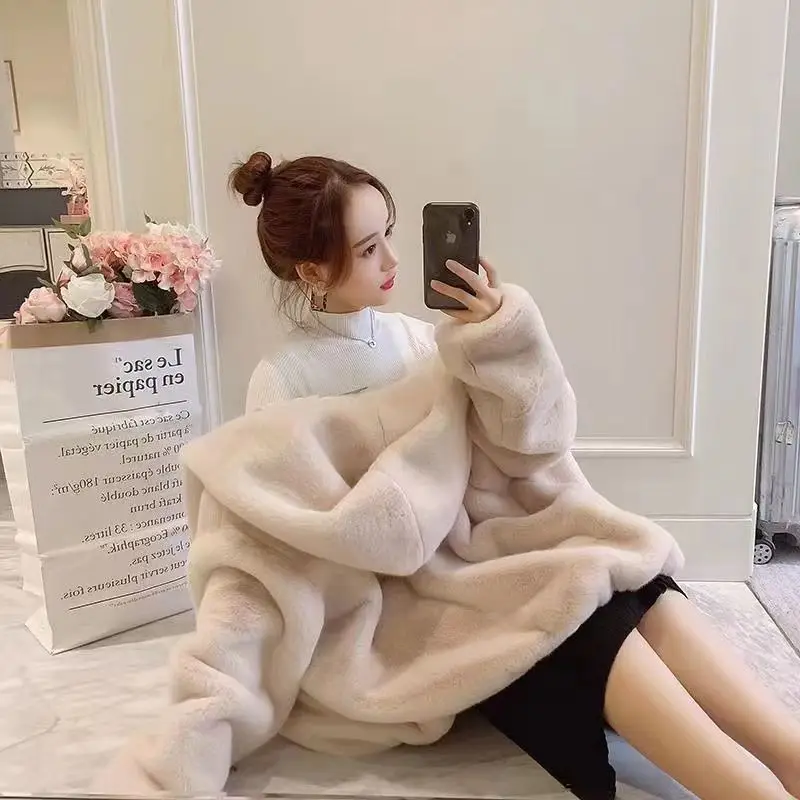 Autumn/Winter 2024 Imitation Sloth Rabbit Fur Women\'s Medium Length Fashion Loose Warm Thick Lamb Wool Coat Hooded Plush Coat