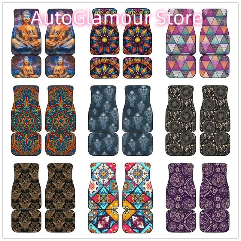 Purple Bohemian Mandala Pattern Car Floor Mat Vintage Black Carpet Anti-Slip Rubber Mat Pack of 4 Car Accessories Car Floor Mats