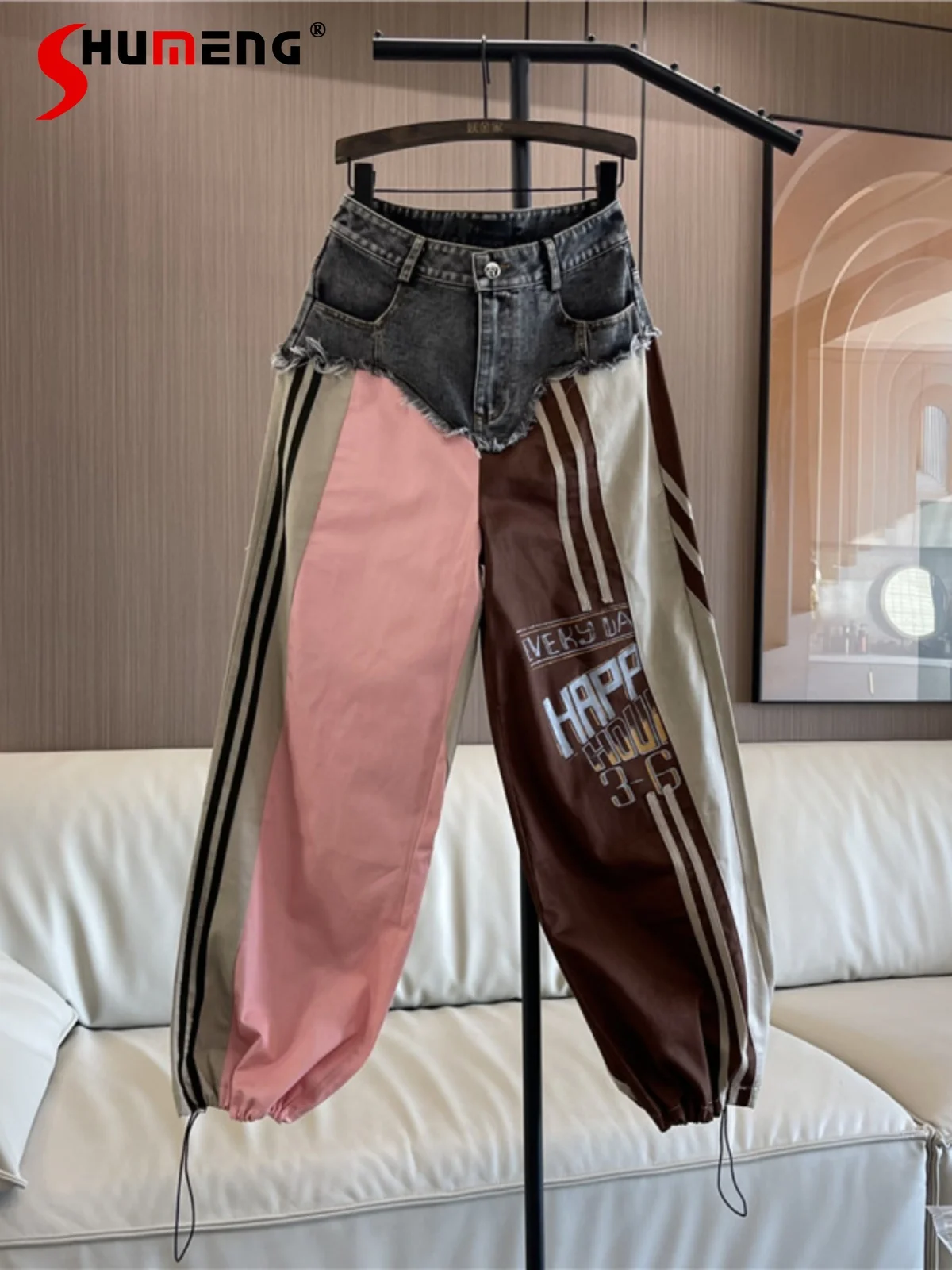 Original Design Stitching Jeans for Women 2024 Autumn and Winter New Trendy Cargo Straight-Leg Ankle-Banded Denim Pants Mujer