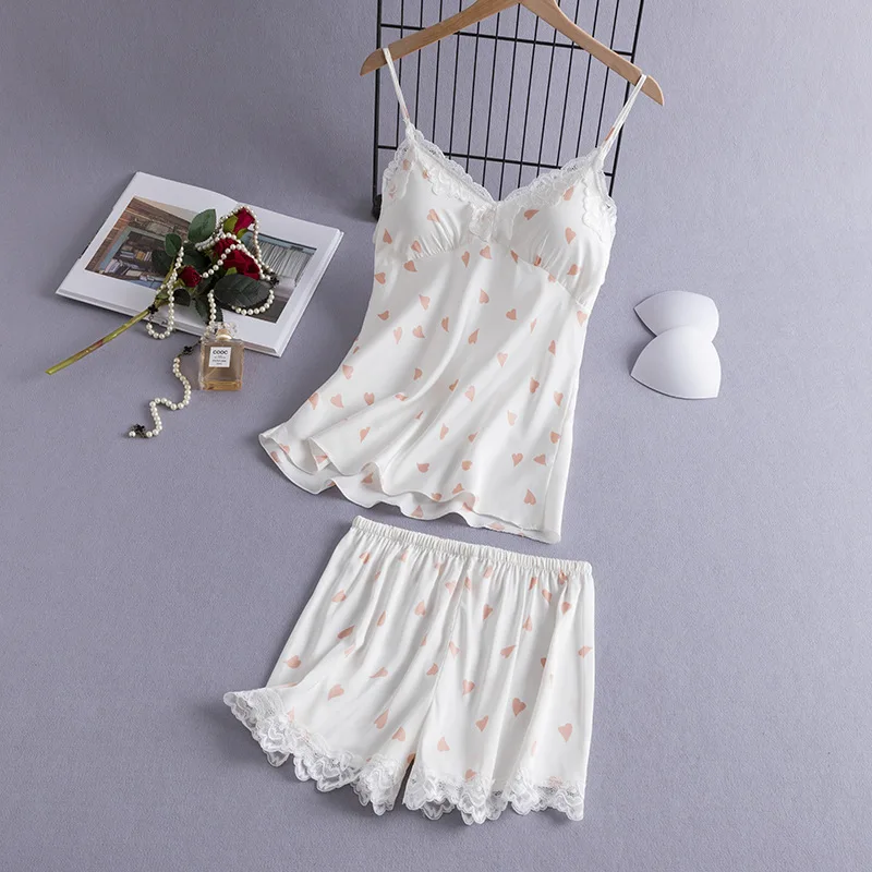 

Two Piece Women Pyjamas Set Summer Print LOVE Sexy Cami&shorts Pajamas Sleep Suit Intimate Lingerie Lace Sleepwear Homewear