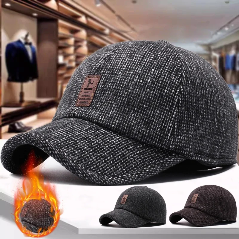 Men Winter Baseball Cap for Dad Outdoor Cycling Ear Protection Warmth Peaked Hat Sunhat Woolen Knitted Bomber Hats with Ear Flap