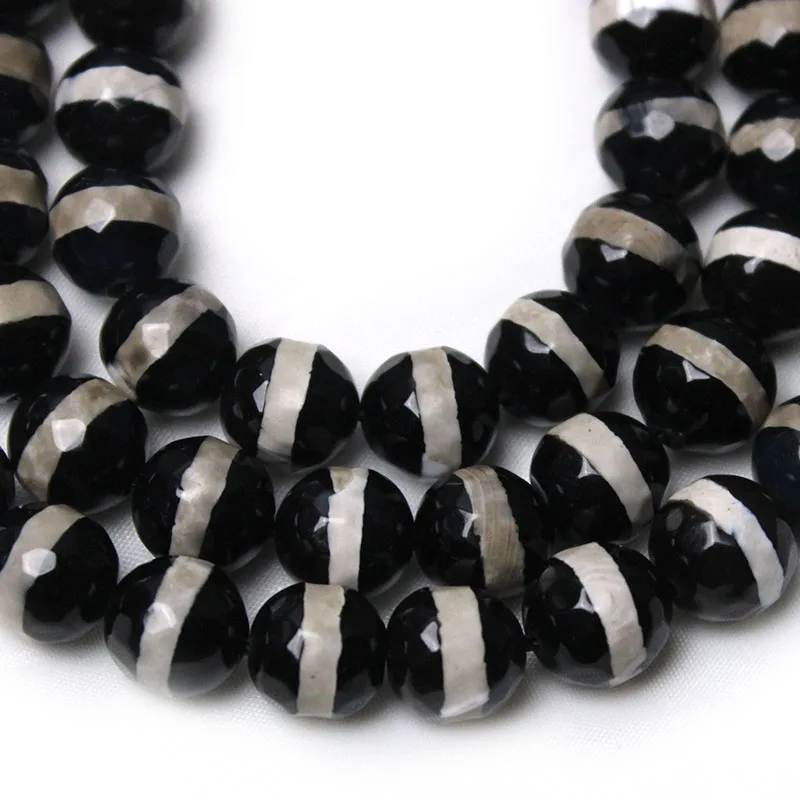 Natural Stone Faceted White Lines Black  Agates Round Loose Beads 15\