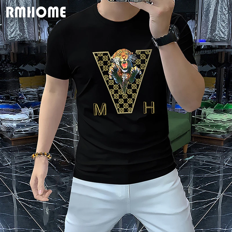 

Men's T-shirt Luxury Sequin Leopard Designer Homme Tees Mercerized Cotton Clothing 2023 Summer New Fashion Trend Male Wear Tops