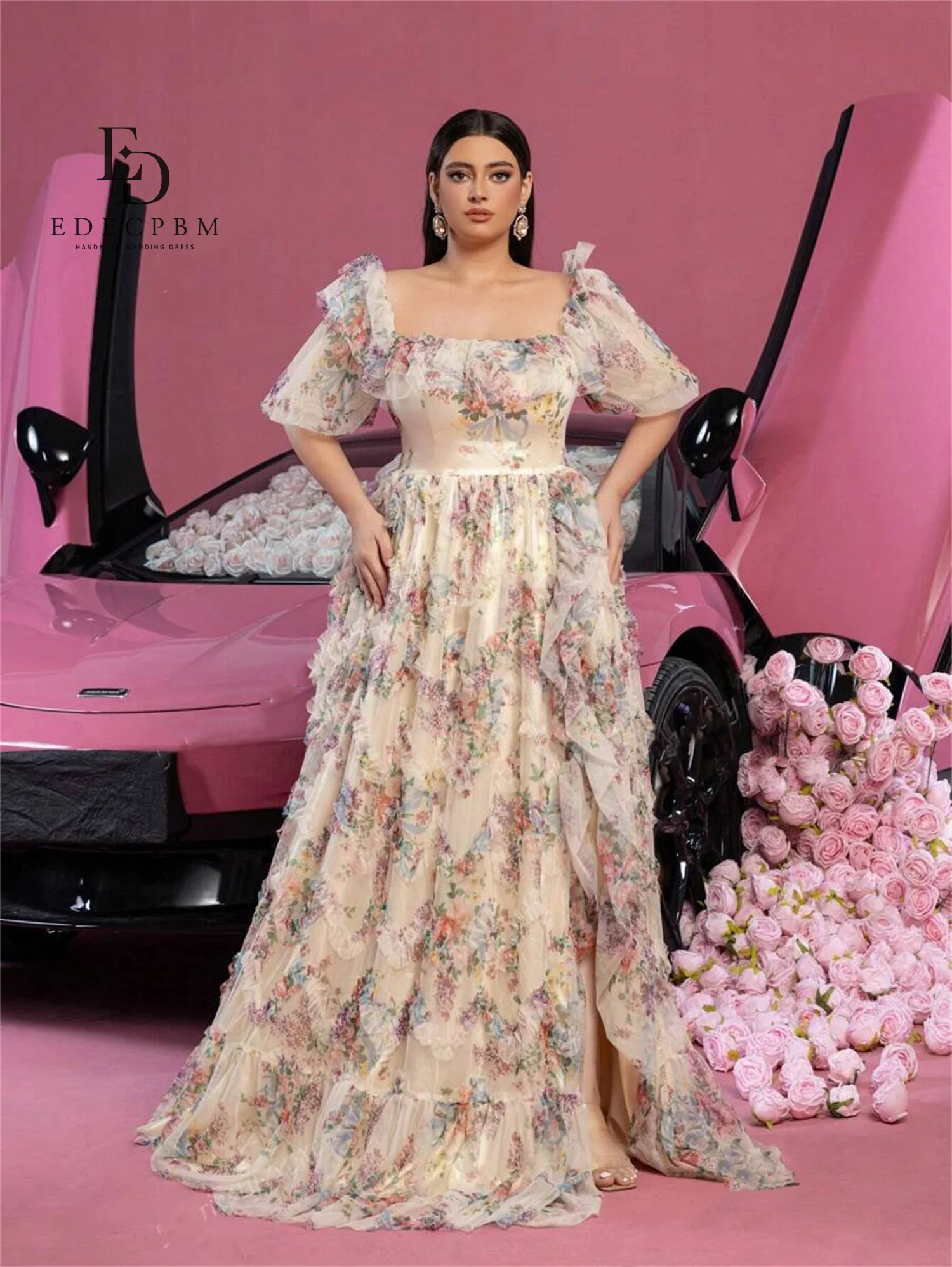 EDECPBM 프린팅 럭셔리 이브닝 드레스 2025 여성 맞춤 퍼프 소매 베스티도스 데 페스타 신상 드레스 فساتين سهرة 프롬