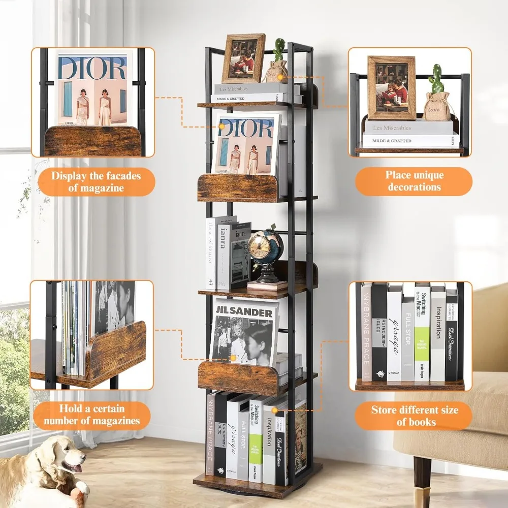 Bookshelves 5-Tier, Rotating Bookshelf Tower for Corner, Small Bookcase, Tall Industrial Bookshelf, Narrow Bookshelf, Wood