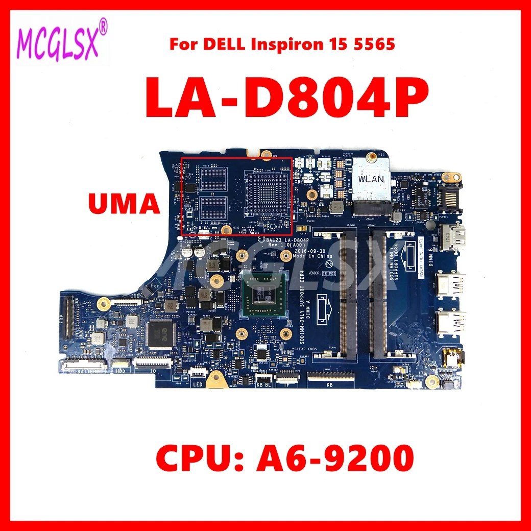 

LA-D804P Notebook Mainboard For DELL Inspiron 15 5565 Laptop Motherboard CN-0R586Y With A6-9200 CPU 100% Tested OK