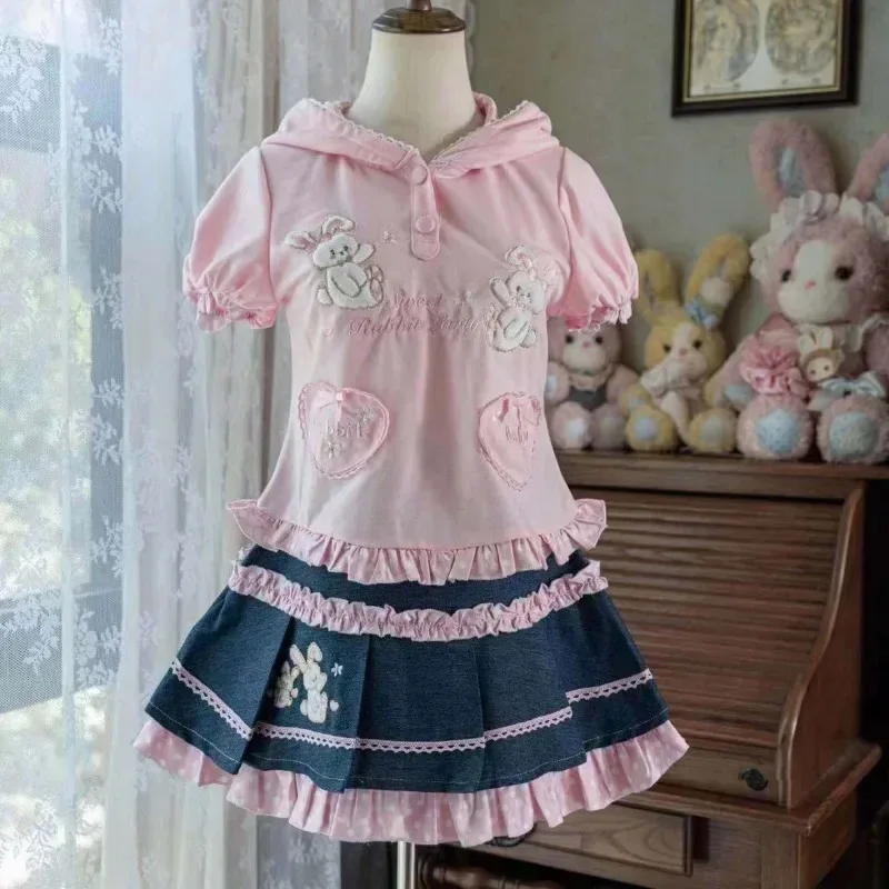 

Японские милые комплекты юбок в стиле Лолиты, женские кавайные комплекты с вышивкой, бантом и заячьими ушками, толстовка с капюшоном, пальто, джинсовая юбка с кроликом, Y2k, мини-юбки, костюм