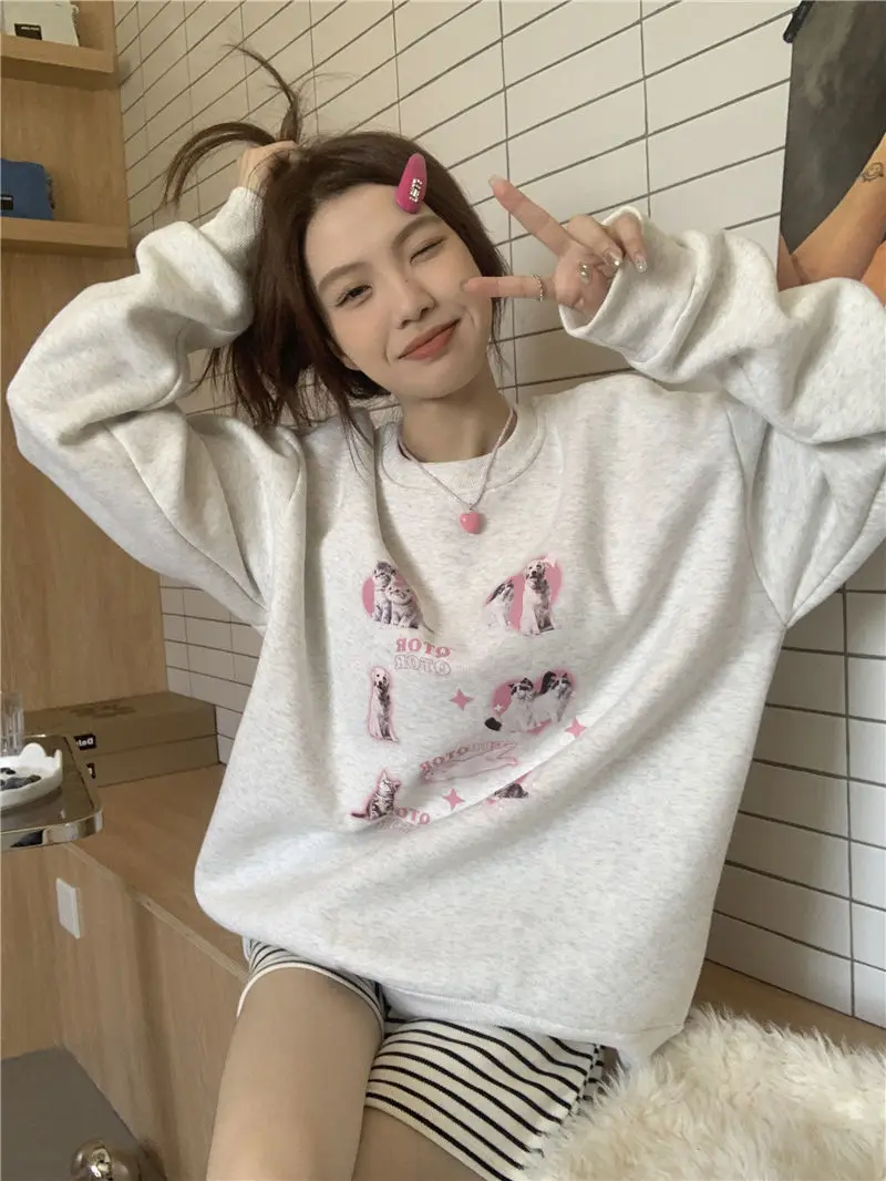 Winter Streetwear Korean Style Oversized Sweatshirt Cute Cat Kitten Cotton Pullover Y2K Tops Harajuku Women Girls Kawaii Clothes