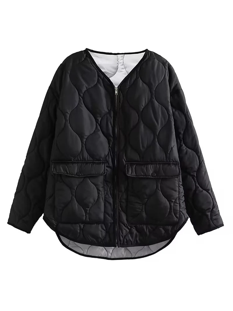 ZACK RAIN Women Solid Quilted V-Neck Cotton Jacket 2022 Fall/Winter Ladies Loose Parka Casual Warm High Street Female Outwear