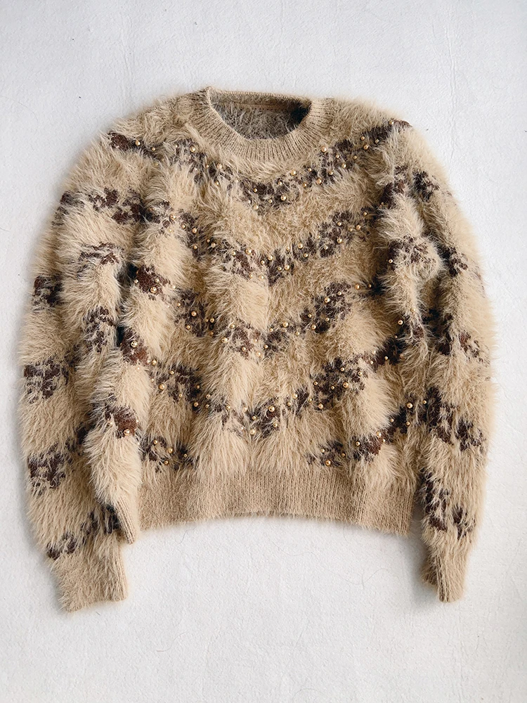 Sweter damski z koralikami 2023 jesień/zima nowość w bluzkach z rozmytymi grube przeszycie w paski Vintage