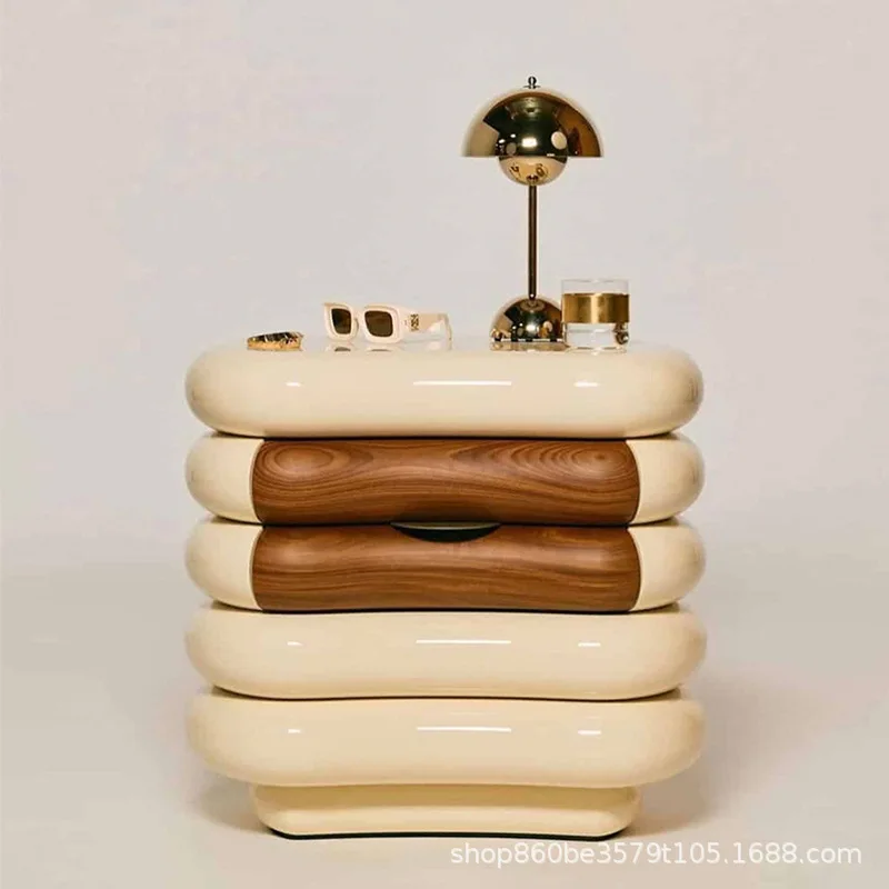 Cream style new designer solid wood multi-layer board small apartment bedside cabinet