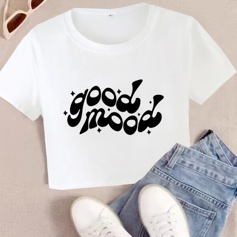 Good Mood Y 2k Baby Tee Retro Fashion o-collo Tee donna crop, manica corta donna Sexy Cropped Top t-shirt corta da donna