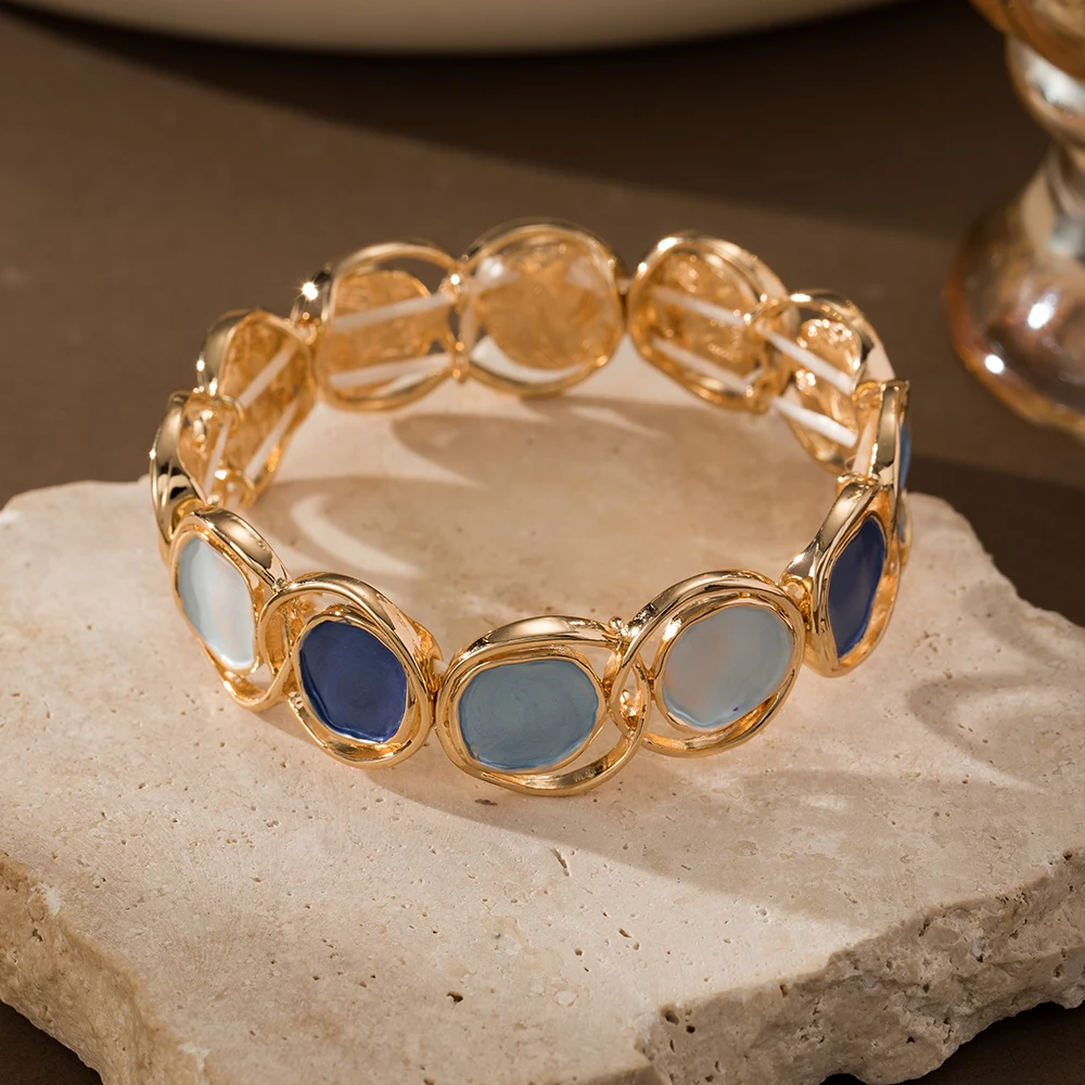 Fashion Blue Geometric Elastic Bracelet Bangle for Women Accessories Trendy Gold Color Bangles Daily Party Prom Jewelry Gifts