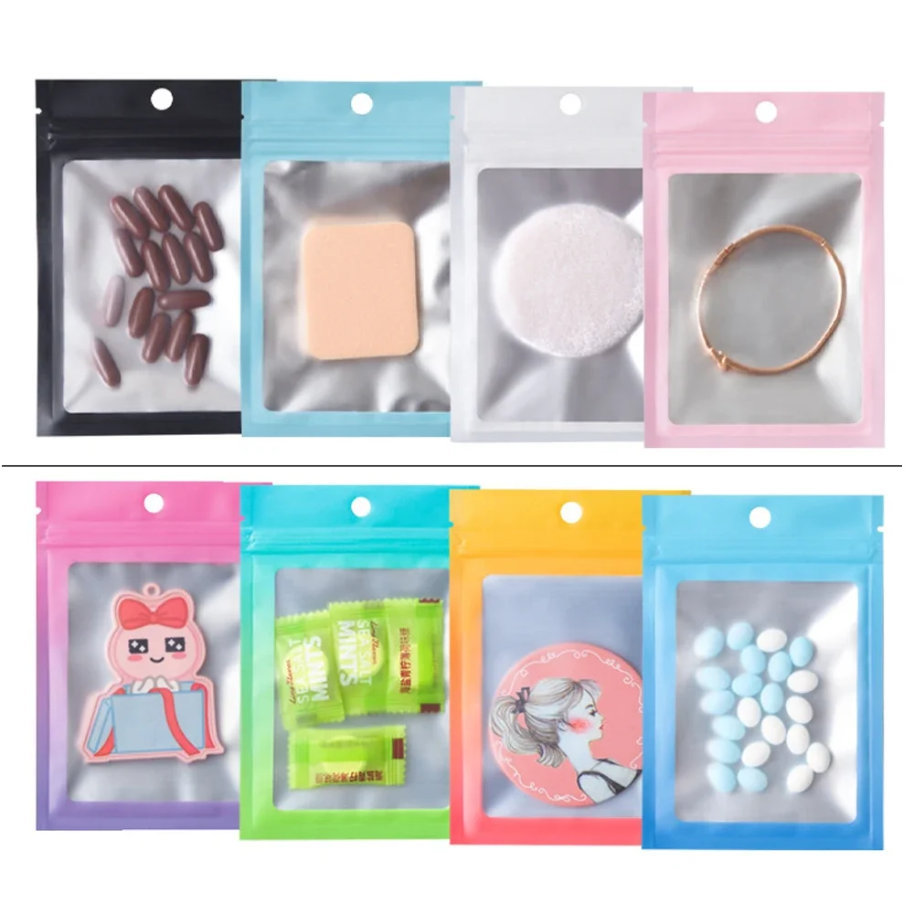 100Pcs Mylar Bag with Clear Window Zip Lock Plastic Bag Resealable Zipper Packing Bags for Jewelry Gift Food Storage