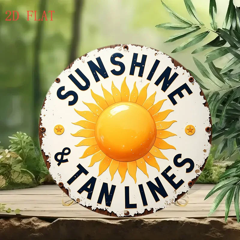 2D Flat Vintage Metal Sign Featuring Sunshine And Tan Lines, Perfect for Retro Beach Or Spa Decor.Lightweight Wall Hanging
