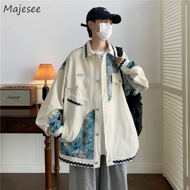 

Design Patchwork Jackets Men Harajuku Beige All-match Teenager Dynamic Japanese Retro Hipster Ulzzang American Preppy Streetwear