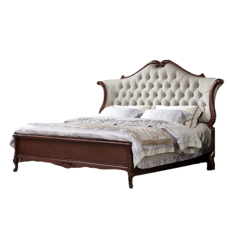 

American style, soft bag bed, all solid wood, master bedroom, double, high back, leather art