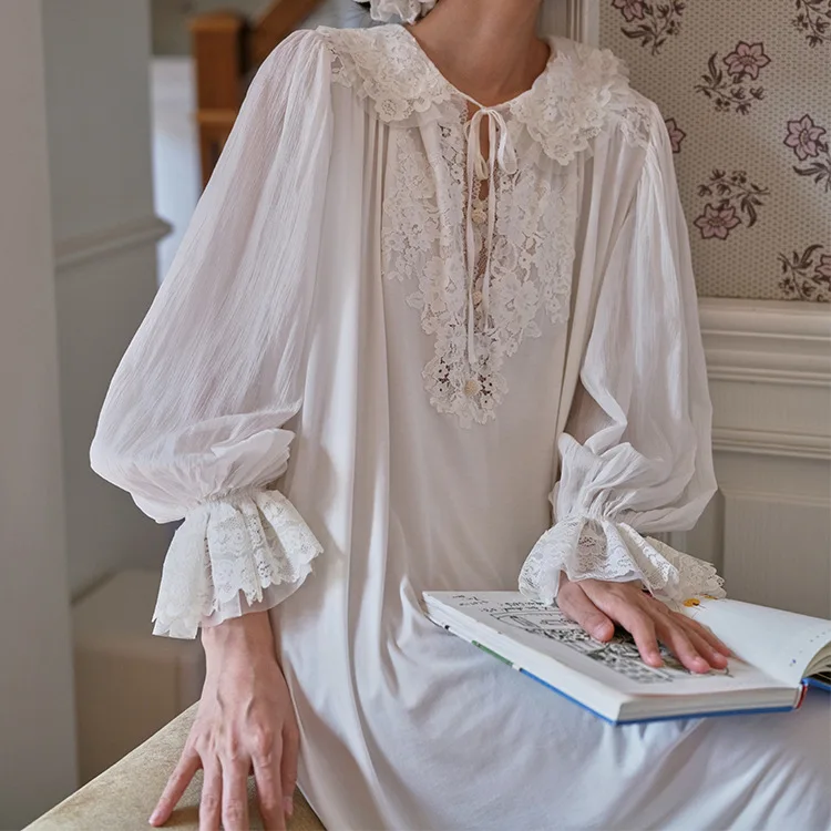 

Ночная сорочка из модала с кружевом в стиле ретро, европейская классическая французская милая винтажная пижама принцессы, домашняя одежда для весны и осени