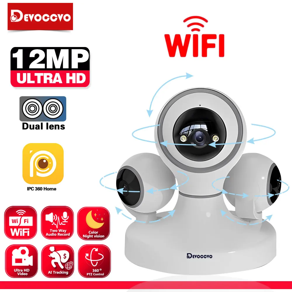 

Three Lens Three Screen 12MP Mini Wifi CCTV PTZ Camera Indoor Wireless 720 Degree PTZ Detection Alarm Home Security Camera 4K