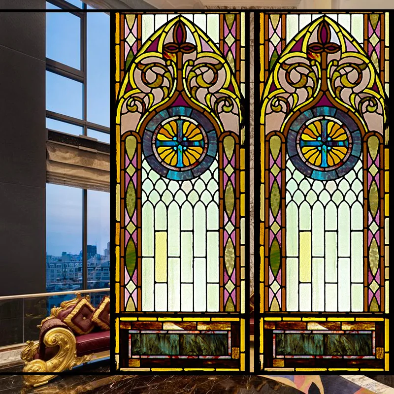 Colorful Stained Glass Window Film Opaque Frosted Privacy Protection Removable Home-Decor Church Window Covering Vintage
