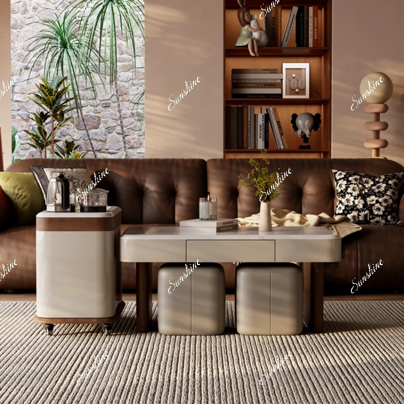 Light luxury mobile tea cart tea brewing integrated solid wood microcrystalline stone coffee table TV cabinet combination