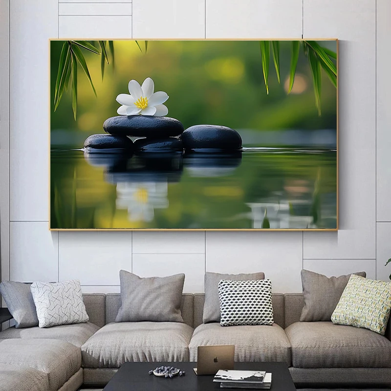 1pc frameless Canvas Painting 1pc frameless Canvas Painting  1pc framless Canvas Painting Zen Stones and White Lotus Canvas Pain