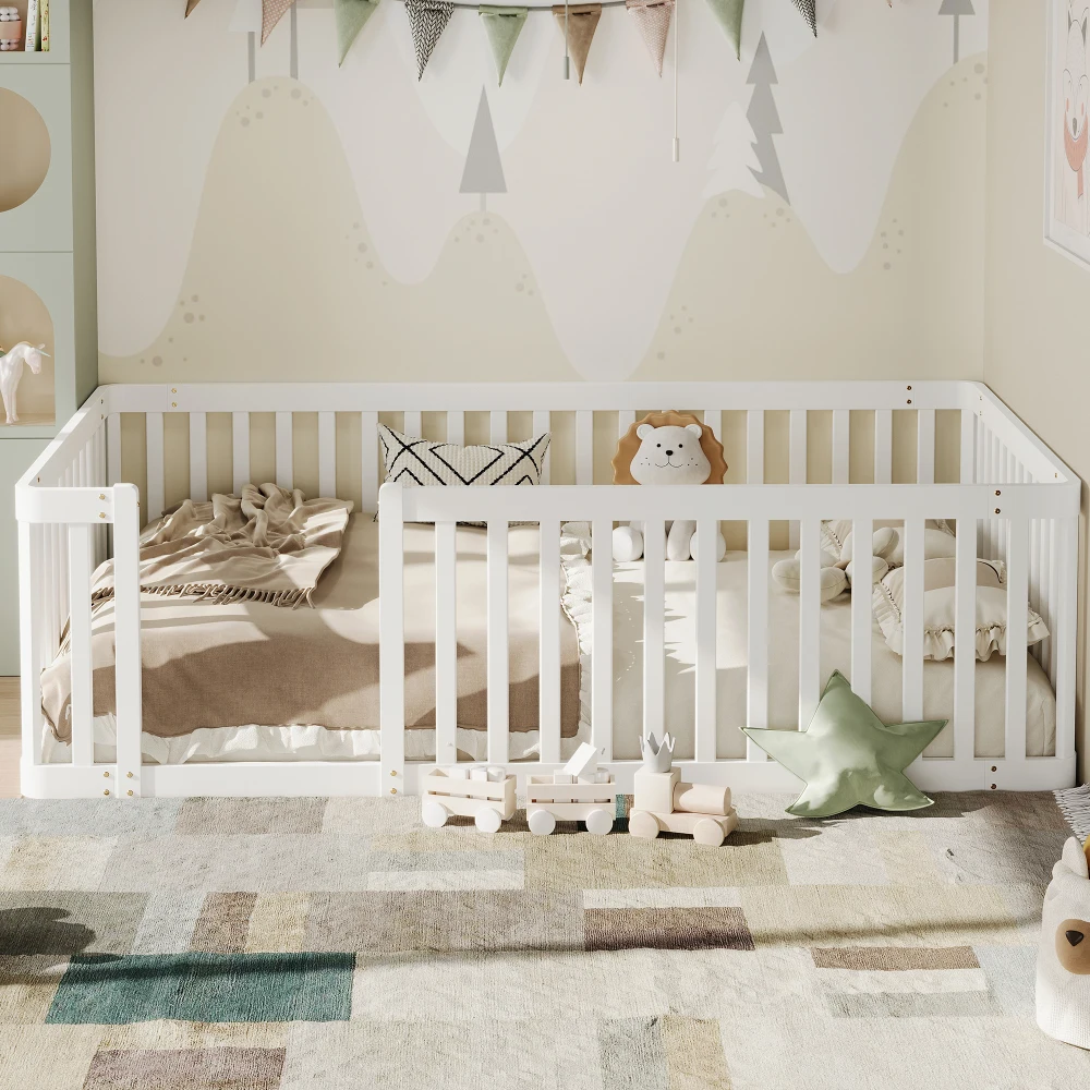Estructura de cama moderna de madera de 90x200 cm con barandilla de seguridad, cama para niños, cuna, fácil de instalar, construcción estable, para dormitorio infantil