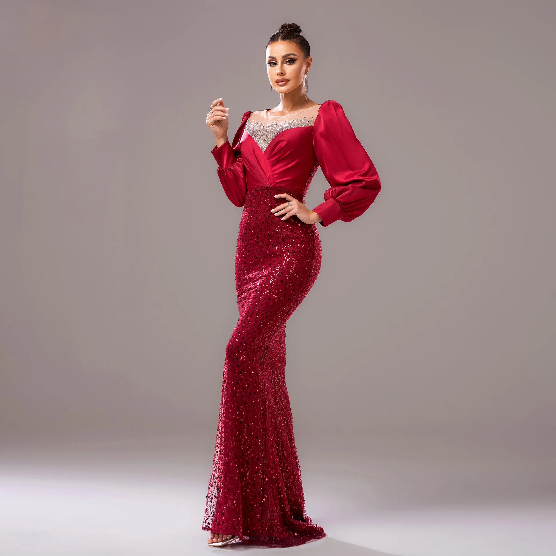 فستان نسائي ربيعي أوروبي مزين بالترتر باللون الأحمر من وين، فستان بوق عالي الخصر، فساتين حورية البحر أنيقة للحفلات