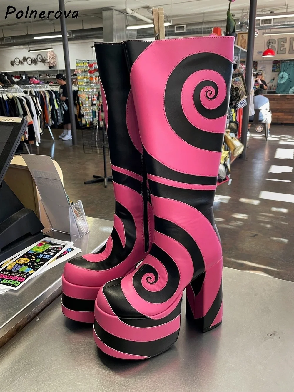 أسود أبيض دوامة أحذية طويلة منصة حذاء بكعب سميك عبر تعادل المرقعة حذاء برقبة للركبة 2025 شتاء دافئ مثير أحذية أنيقة #5