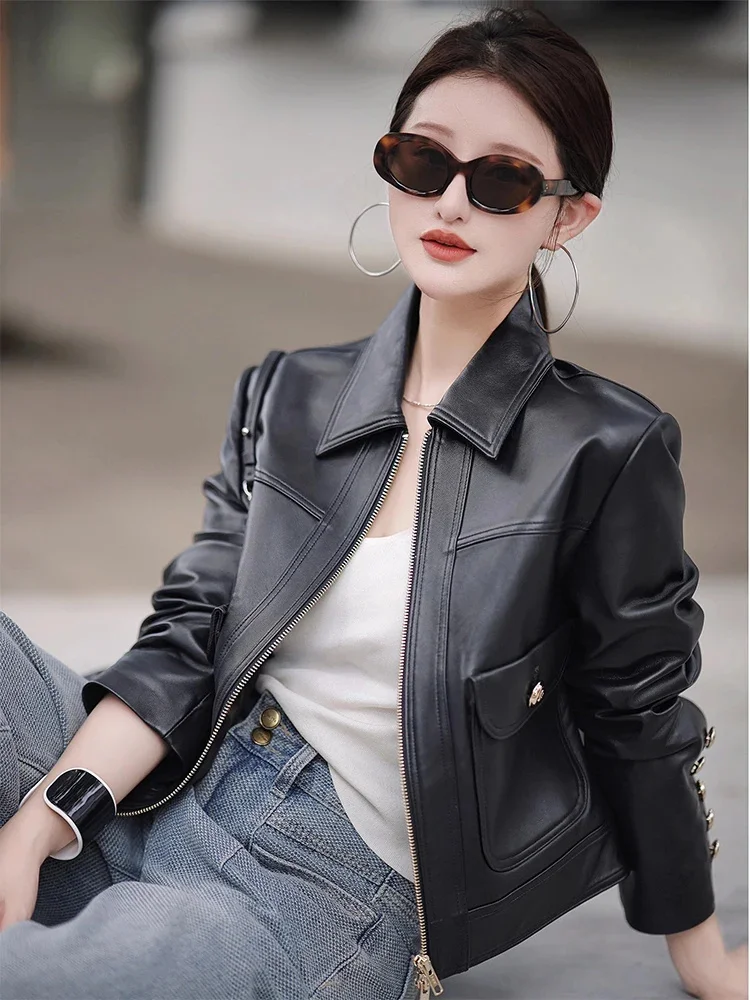 Genuine Cropped Leather Motorcycle Jacket for Women 2024 Trend High-end Simple Vintage Black Real Sheepskin Coat