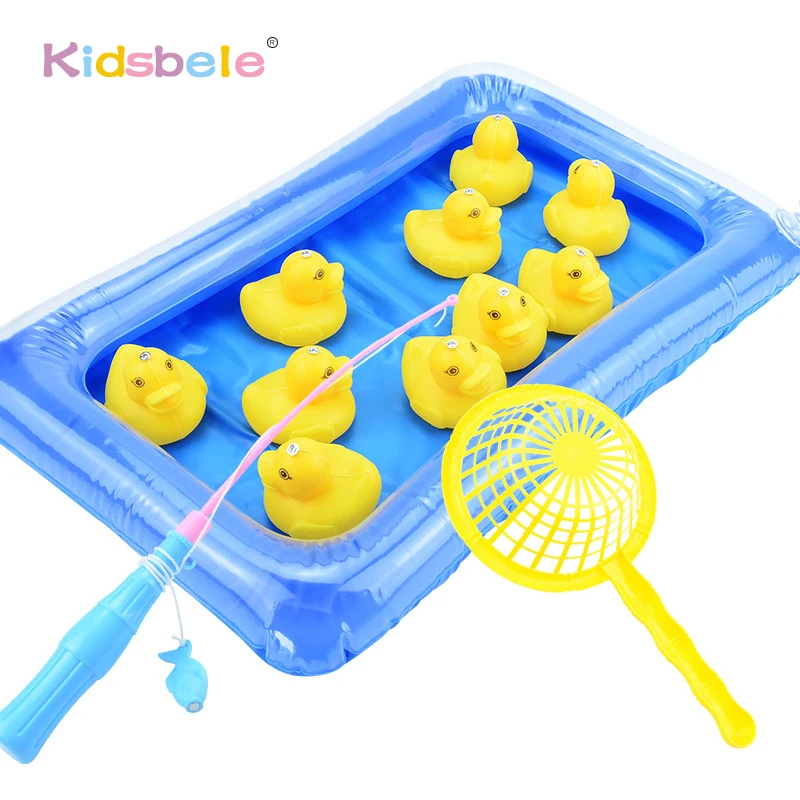 Juguete de pesca de pato de piscina para niños, baño inflable con tamiz de malla de pato flotante y bomba, juguetes de pesca de pato para niños pequeños, Montessori